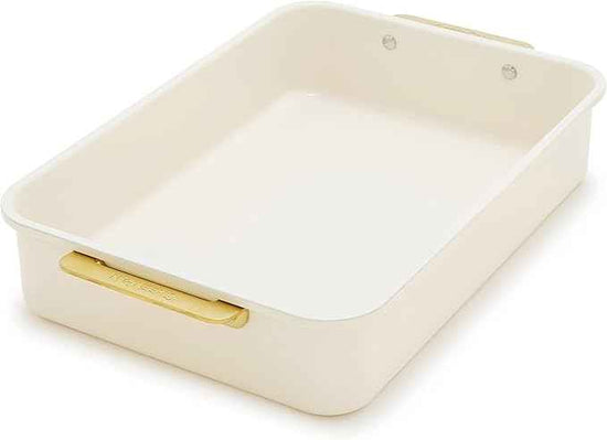 GreenPan Bakeware 13” x 9” Rectangular Cake Pan, Ceramic Nonstick Baking Pan, PFAS & BPA Free, Gold Handles, Durable Steel, Freezer to Oven Dish, Scratch Resistant, Bake & Roast Ovenware, Cream