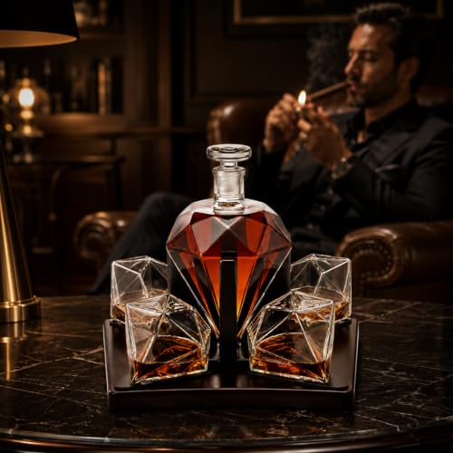 Luxury Diamond Whiskey Decanter Set with 4 Matching Glasses & Mahogany Wood Base