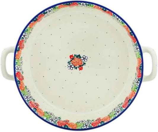 Polmedia Polish Pottery Round Baker with Handles 10-inch - Spring's Arrival Pattern Handmade in Boleslawiec Poland by Ceramika Artystyczna + Certificate of Authenticity