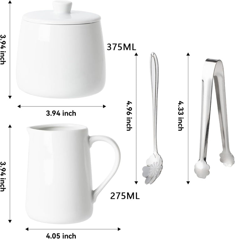 Sugar and Creamer Set, 4 Piece with Creamer Pitcher, Sugar Bowl with Lid and Spoon, Sugar Cube Tongs, for Coffee Accessories, Ceramic Coffee Serving Set
