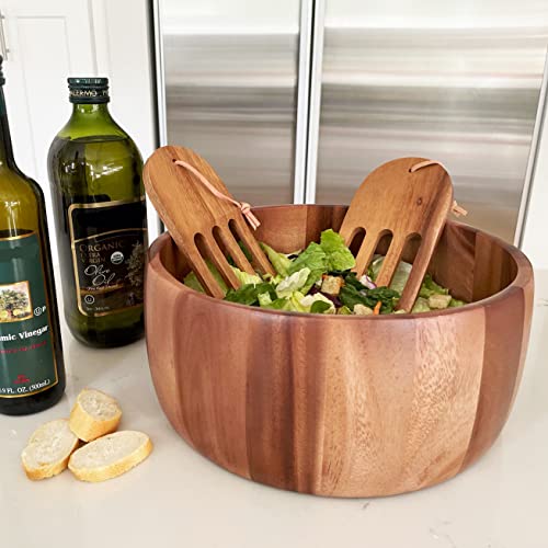 Woodard & Charles Acaica Wood 12" x 5" Serving Bowl Set with Serving Hands (12" x 5" Bowl w/ Salad Hands-*Pack of 4*)