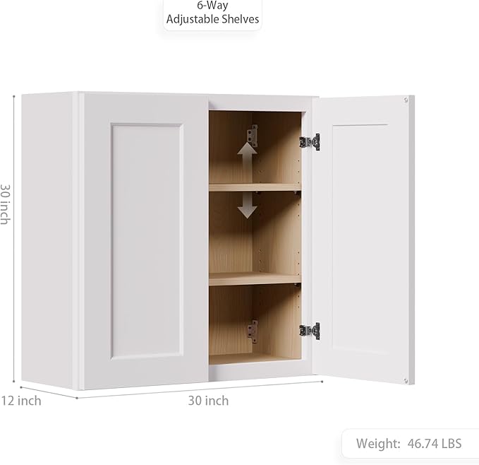 30 Inch Laundry Room Cabinets Wall Mounted, Solid Wood Over The Toilet Storage Organizer, White Shaker RTA Kitchen Wall Cabinet with 2 Shaker Door & Shelves, Large Space for Bathroom, Garage
