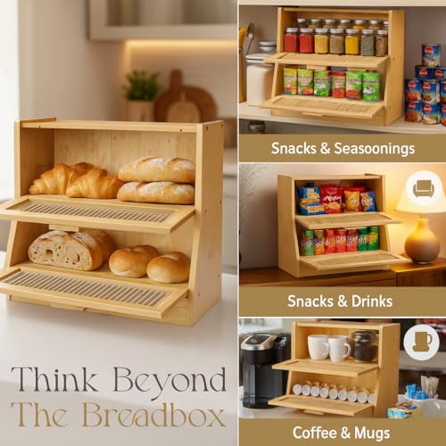 Bread Box for Kitchen Countertop (Natural Wood)