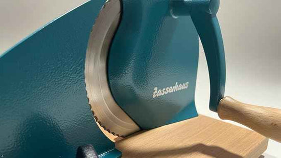 Zassenhaus Original Classic Adjustable Bread Slicer for Uniform Slices - Bread Slicer for Homemade Bread - 18/8 Stainless Steel Blade Sourdough Cutter-Water Blue 11.75" x 8"