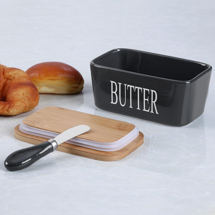 Ceramic Butter Dish with Bamboo Lid and Stainless Steel Knife Spreader