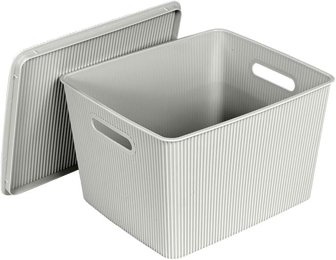 Glad Storage Baskets with Lids - Set of 4 Stackable Plastic Boxes with Handles - Decorative Shelf Organizer Bins for Bathroom and Closet, Grey, 4.7 Gallon