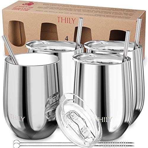 Vacuum Insulated Stemless Wine Tumbler 4 Pack Stainless Steel Wine Glass with Lid and Straw (4 Pack - Mirror Silver / 4 Count (Pack of 1))