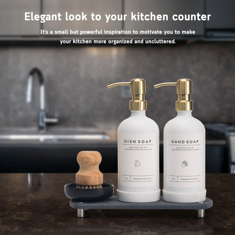 [Luxury] Kitchen Soap Dispenser Set - 16OZ White Glass Bottle, Stainless Steel Pump, Instant Dry Tray, Waterproof Labels, Non-Slip Silicone Pad, and Dish Brush | Upgrade for Your Kitchen and Bathroom