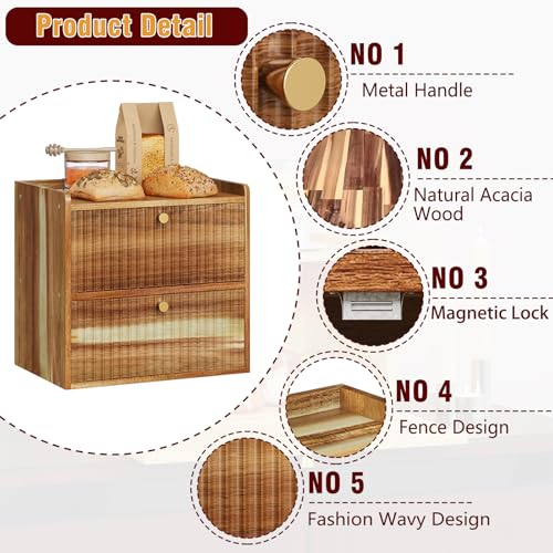 Acacia Bread Box for Kitchen Countertop Wood Bread Storage Container Bin Double Layer BreadBox Farmhouse Large Capacity Food Organizer (Acacia Wood)