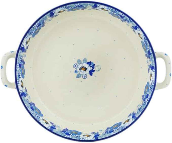 Polmedia Polish Pottery Round Baker with Handles 10-inch - Blue Spring Blue Pattern Handmade in Boleslawiec Poland by Ceramika Artystyczna + Certificate of Authenticity