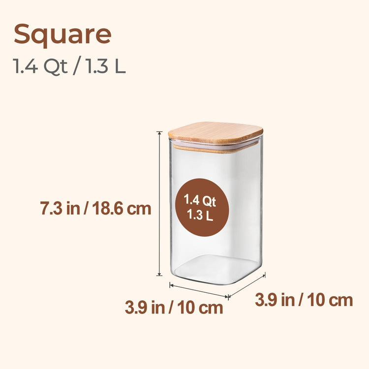 ComSaf 1.4 Qt Glass Storage Containers with Lids, Glass Jars with Lids, Clear Food Storage Jar, Square Canister Set of 3, Pantry Organizers and Storage for Flour Oat Pasta Tea Cookie Coffee Bean