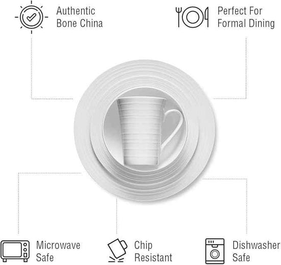 Stone Lain Eleanor Bone China 16 Piece Dinnerware, Plates and Bowls for 4, White Dish Collection with Mugs, Elegant Swirl Design, Microwave & Dishwasher Safe