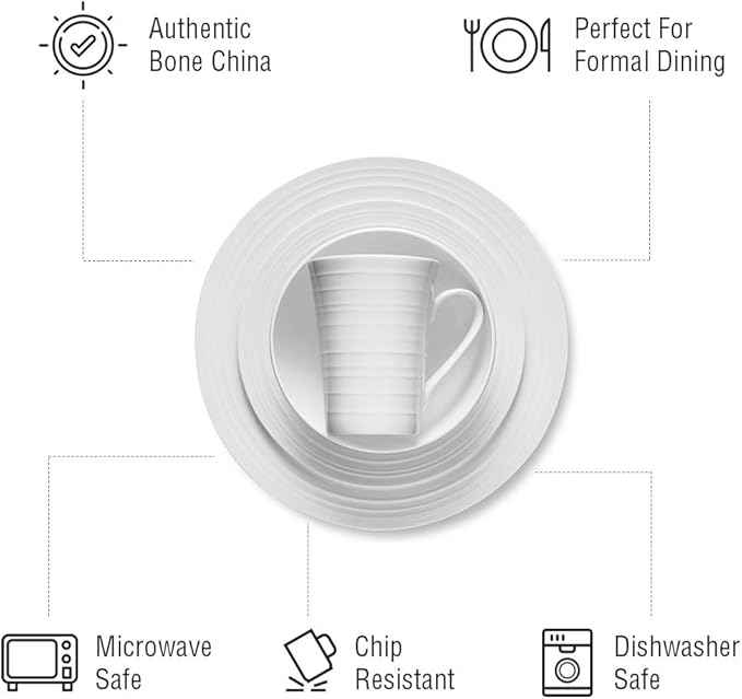 Stone Lain Eleanor Bone China 16 Piece Dinnerware, Plates and Bowls for 4, White Dish Collection with Mugs, Elegant Swirl Design, Microwave & Dishwasher Safe