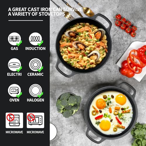 2-in-1 Pre-Seasoned Cast Iron Dutch Oven Pot with Skillet Lid Cooking Pan, Cast Iron Skillet Cookware Pan Set with Dual Handles Indoor Outdoor for Bread, Frying, Baking, Camping, 7QT (7QT)