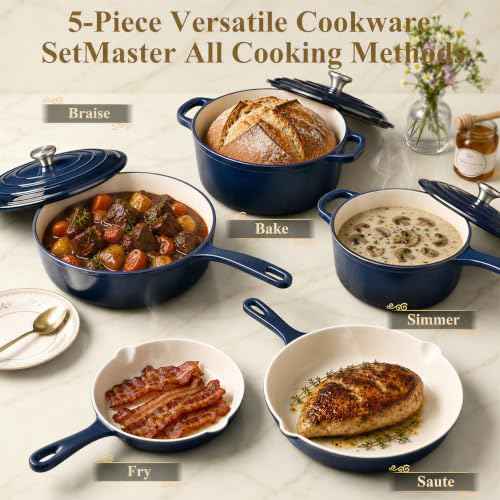 5 Piece Navy Blue Enameled Cast Iron Cookware Set