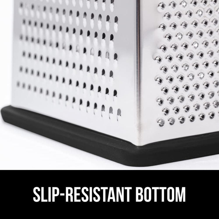 GORILLA GRIP XL 4-Sided Cheese Grater With Container, 100% BPA-Free Stainless Steel Box Graters, Parmesan Shredder, Grate Cheeses, Shred Veggies, Slip Resistant Handle, Dishwasher Safe Zester, Black