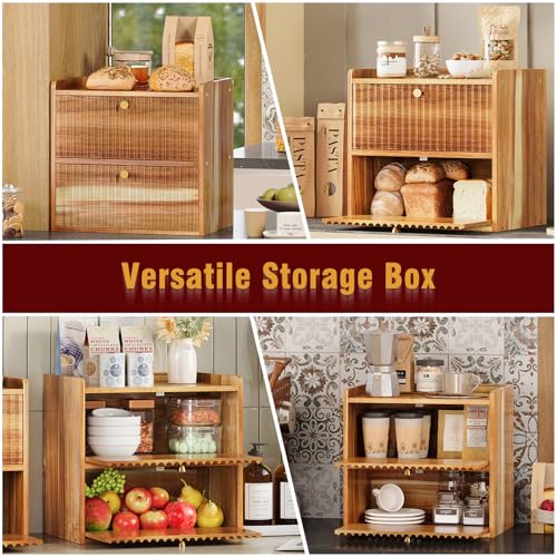 Acacia Bread Box for Kitchen Countertop Wood Bread Storage Container Bin Double Layer BreadBox Farmhouse Large Capacity Food Organizer (Acacia Wood)