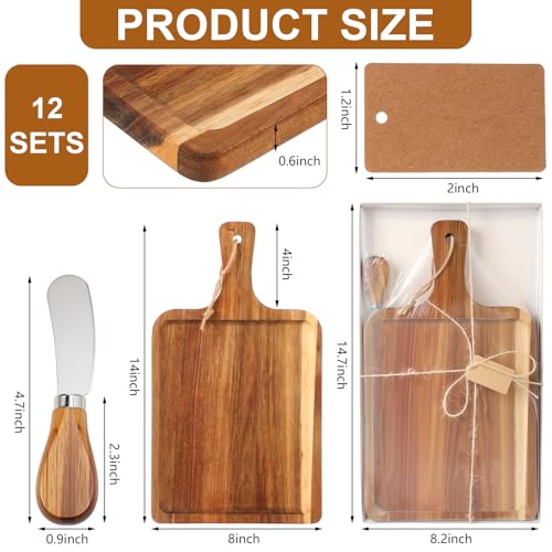 12 Set Acacia Wood Charcuterie Board with Knife Wooden Serving Tray with Groove Acacia Wood Cutting Board with Gift Box and Card for Wedding Baby Shower Housewarming Gift (12 Count)