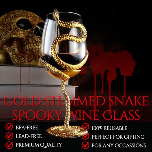 Stemmed Snake Wine Glass Single 19oz 10 Inch Tall Gothic Reptile Goblet in Gold Spooky Décor Skeleton Inspired Gifts Graveyard Themed Parties Seasonal Entertaining and Unique Wine Gift