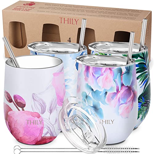 Stainless Steel Stemless Wine Tumbler 4 Pack Vacuum Insulated Travel Wine Glasses with Sliding Lids and Straws (4 Pack - Flower Series / 4 Count (Pack of 1))