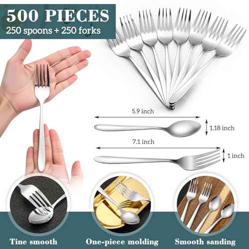 500 Pcs Forks and Spoons Silverware Set for 250 Stainless Steel Flatware Cutlery Set Forks and Spoons Bulk Silverware Utensil for Kitchen Restaurant Home Dinner (500 Count)