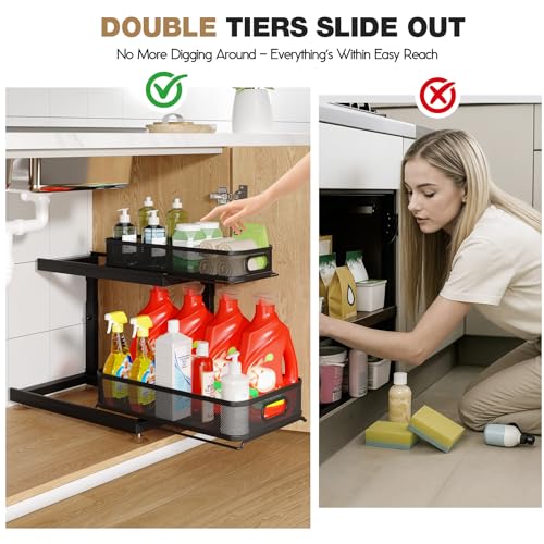 2 Pack Under Sink Storage Organizer with 2 (Black / 2 Pack-15.4"Dx11.8"-16.5"H)