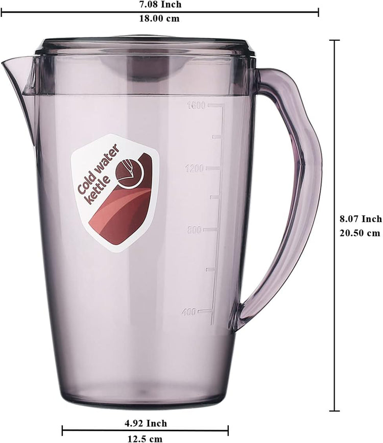 HOMQUEN Plastic Pitcher, 60 Oz/1.8L Water Carafe with Lid, Iced Tea Pitcher, Jar Pitcher, Jug with Handle for Tea, Juices, Milk, Cold or Hot Beverages (1 Pack/Gray)