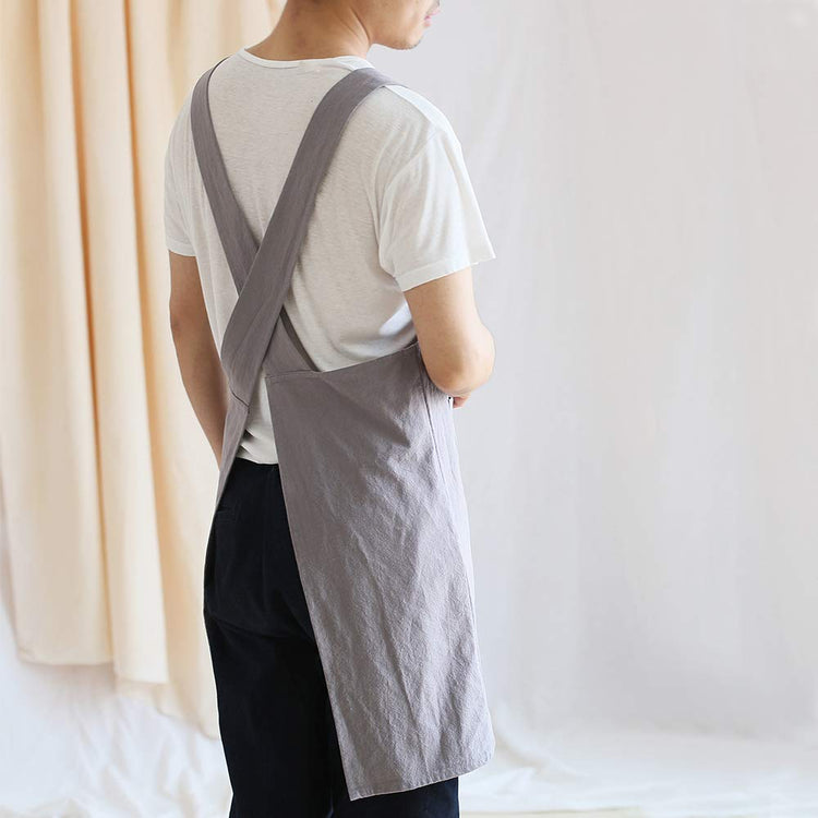 Japanese Linen Cross Back Kitchen Cooking Aprons for Men with Pockets for Baking Painting Gardening Cleaning Gray