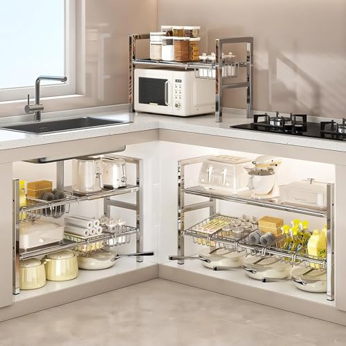 Large Under Sink Organizer 2 Tier Expandable Heavy Stainless Steel Shelf Adjustable Height for Under Kitchen Bathroom Sink Organizers and Storage (Large size: 4 panels 4 storage baskets)