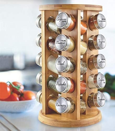 20 Jar Rotating Bamboo Spice Rack with Spices Included & 5