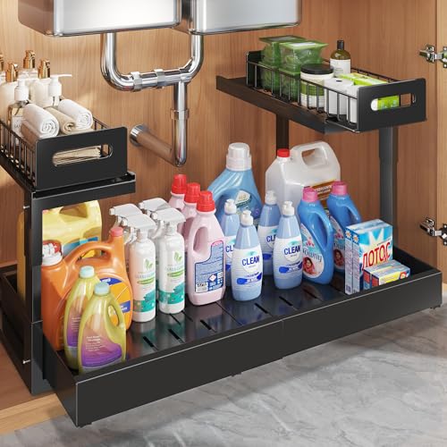 1 Pack-16"-26"W Expandable Under Sink Organizer With Upgrade Ball-Bearing Slide,2-Tier Pull Out Under Cabinet Organizer Height Adjustable,Not Suitable For Cabinets With Partitions In The Middle (1 Pack-16"-26"W / Black)