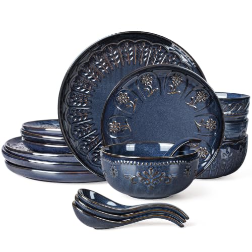 16 Piece Handcrafted Ceramic Dinnerware Set (Multiple Patterns (16 Pieces) (Blue))