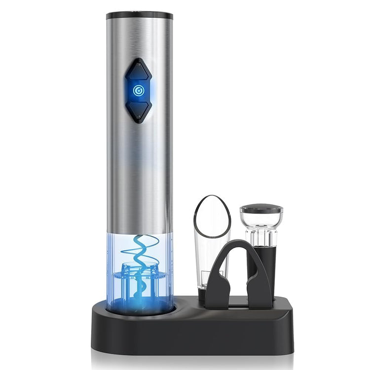 5-in-1 Electric Wine Opener Gift Set Stainless Steel Electric Wine Bottle Opener Battery Operated Corkscrew with Foil Cutter, Wine Pour, Wine Stopper and Storage Base, Silver