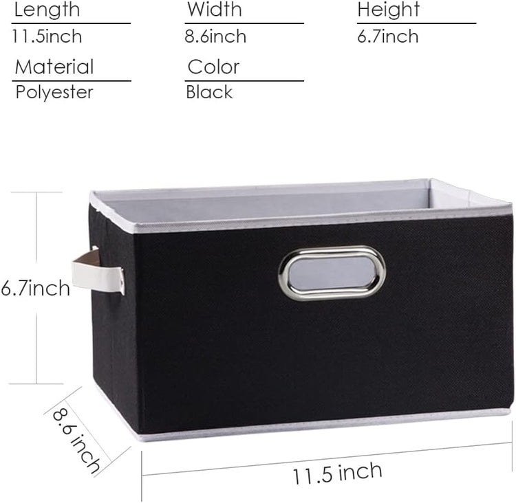 PRANDOM Fodable Storage Bins for Closet [3-Pack] Decorative Fabric Storage Baskets Cubes with Leather/Metal Handles for Shelves Bedroom Living Room Black (11.5x8.5x6.7 Inch)