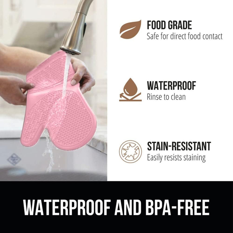 GORILLA GRIP BPA-Free Soft Silicone Oven Mitts and Pot Holders Sets of 4, Heat Resistant Waterproof Cooking Gloves, Thick Cotton Lining, Flexible Gripping for Baking Grilling, Kitchen Trivets, Pink