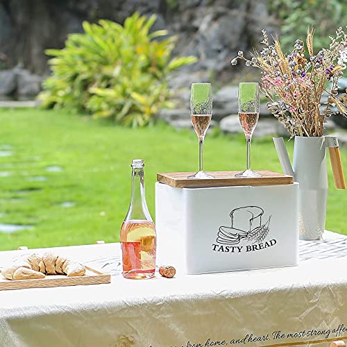 Bread Box for Kitchen Countertop White Metal Bread Box with Bamboo Board Cover Pastry Storage Container Set Kitchen decor (US-Bamboo White Box)