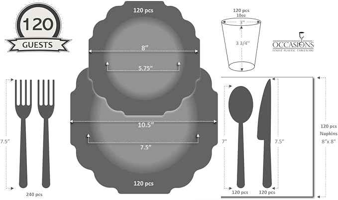 " OCCASIONS " 960 Piece set (120 Guests)-Heavyweight Wedding Party Disposable Plastic Plate Set - 120 x 10.5'' + 120 x 8'' + Silverware + Cups + Napkins (Imperial in White & Black & Gold)