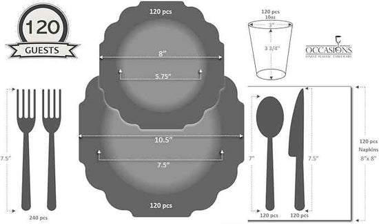 OCCASIONS 960-Piece Disposable Dinnerware Set for 120 – Heavy Duty Plates, Silverware, Cups, Napkins – Party Supplies-Imperial Blue & Silver