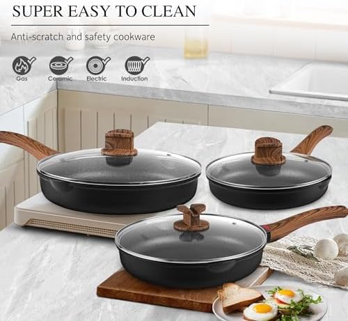 Vinchef Non Stick Frying Pan with Lid,9.5 Inch Anti Scratch Skillet Cast Aluminum Cookware, Induction Compatible Black - Nestoria