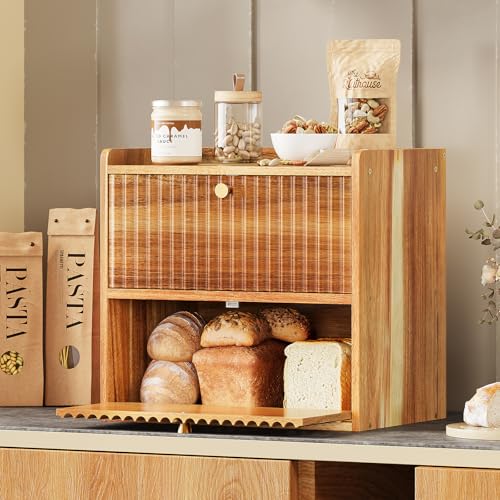Acacia Bread Box for Kitchen Countertop Wood Bread Storage Container Bin Double Layer BreadBox Farmhouse Large Capacity Food Organizer (Acacia Wood)