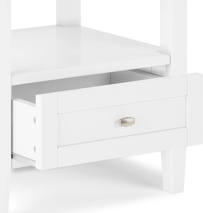 SIMPLIHOME Warm Shaker End Table - 20 inch Wide Solid Wood Side Table in White, Transitional Accent Table for Living Room or Bedroom with Drawer, Open Shelf and Square Tapered Legs