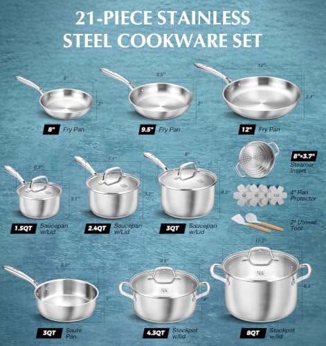 Stainless Steel Cookware Set 21 Piece with 5