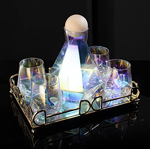 Iridescent Whiskey Decanter Diamond shaped With 4 Diamond Glasses & Mirrored Gold Tray Holder