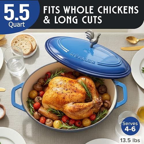 5.5 Quart Enameled Cast Iron Oval Dutch Oven w Rooster Knob & Cotton Potholders