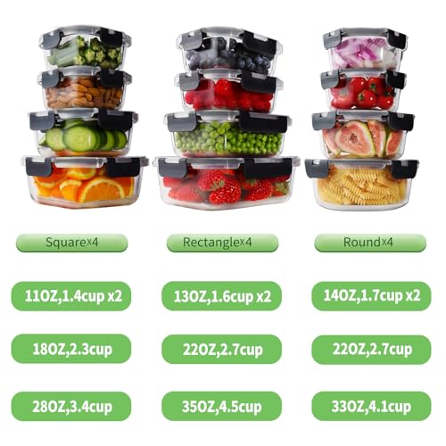 24pc Glass Food Storage Containers with Lids (Deep Black / 12 Pack)