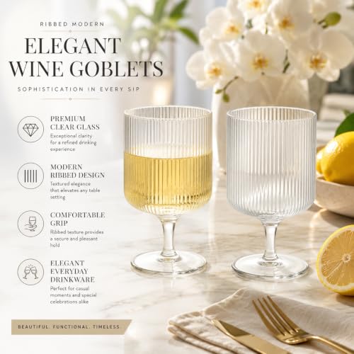 Textured Clear Glass Ribbed Modern Elegant Wine Goblets for Red White Rosé Beverages