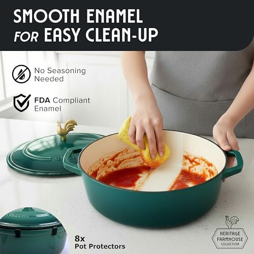 5.5 Quart Enameled Cast Iron Oval Dutch Oven with Rooster Knob and Cotton Potholders