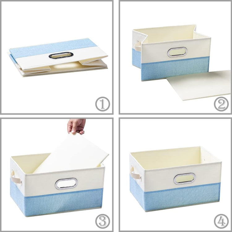 PRANDOM Large Fodable Storage Baskets for Closet [3-Pack] Decorative Fabric Storage Bins Cubes with Leather/Metal Handles for Shelves Bedroom Living Room Blue&Cream (14.9x9.8x8.3 Inch)