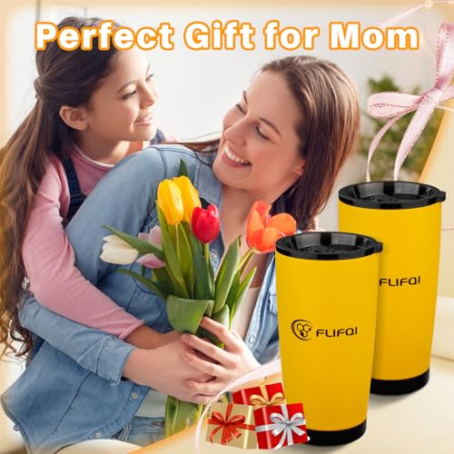 20oz Tumbler with Lid Double Wall Vacuum Insulated Travel Coffee Mug Stainless Steel Thermal Cup Powder Coated Sturdy Coffee Tumbler Gift for Hot and Cold Beverage (20 Ounces / Yellow-GIFT SET)