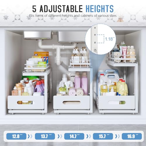 Under Sink Organizer Upgrade To Professional Rails (White / 2 Pack-18.5"Dx12.8"-16.9"H)